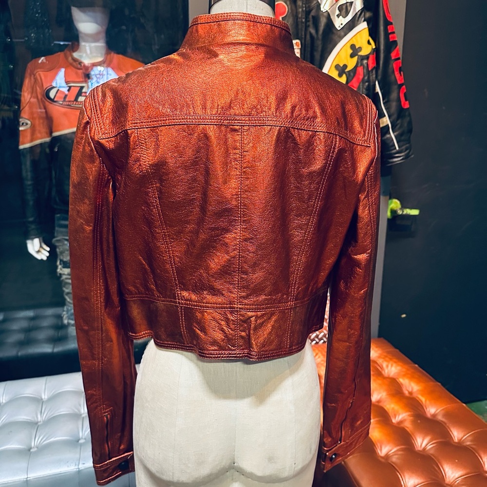 Burberry London Metallic Burnt Orange Copper Cropped Goat Leather Jacket - Picture 9 of 11